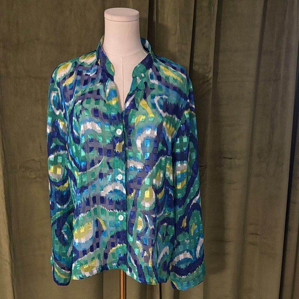 Marchesa Voyage Blue and Green Patterned Blouse